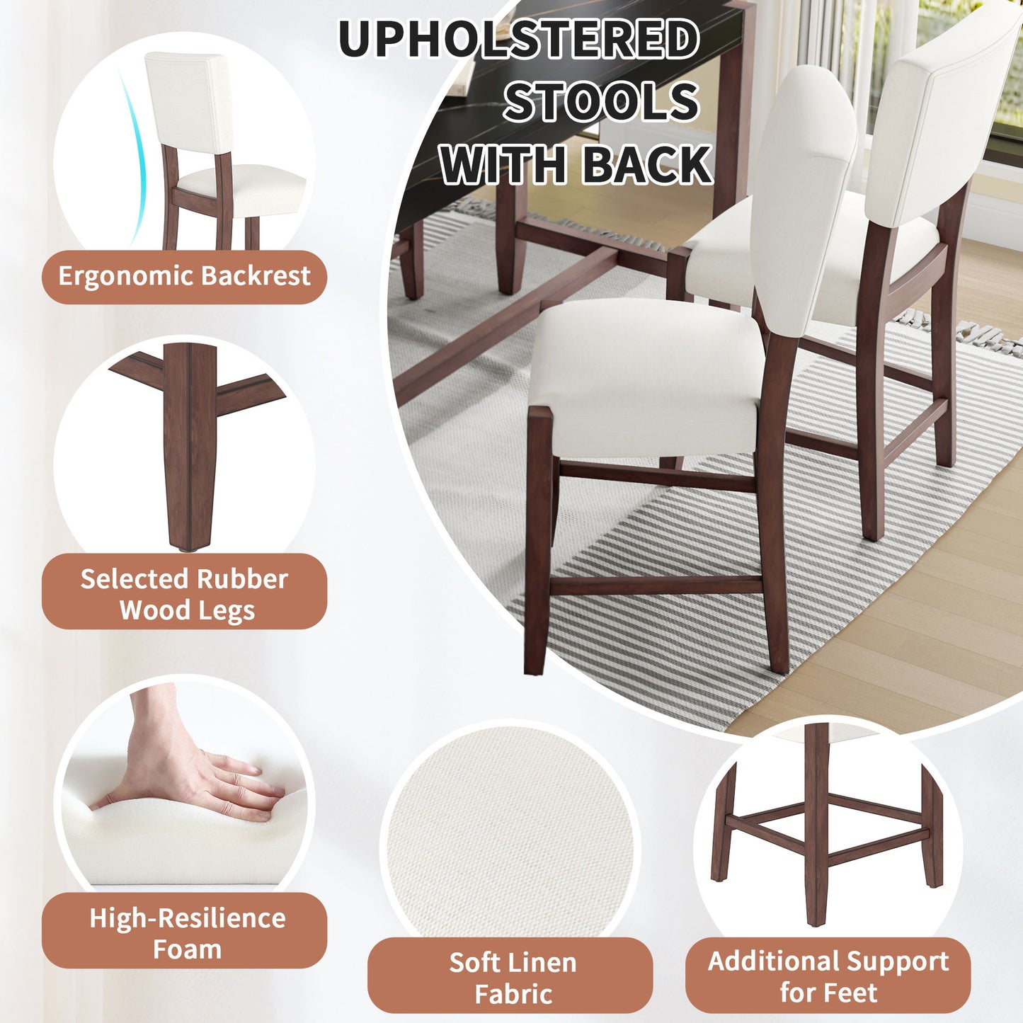 5 Piece Counter Height Dining Set, Bar Table With 4 Upholstered Chairs
