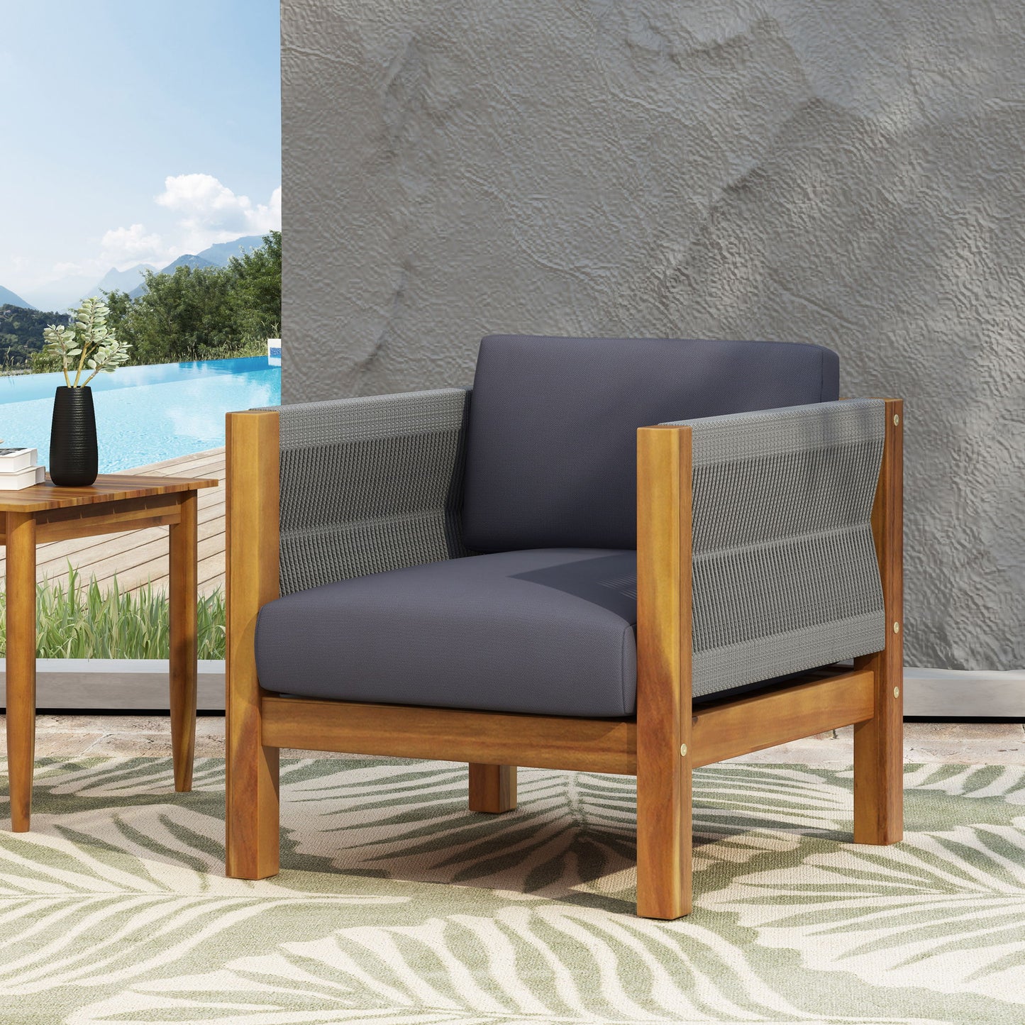 Outdoor Club Chair With Rattan Rope Wave - Dark Gray