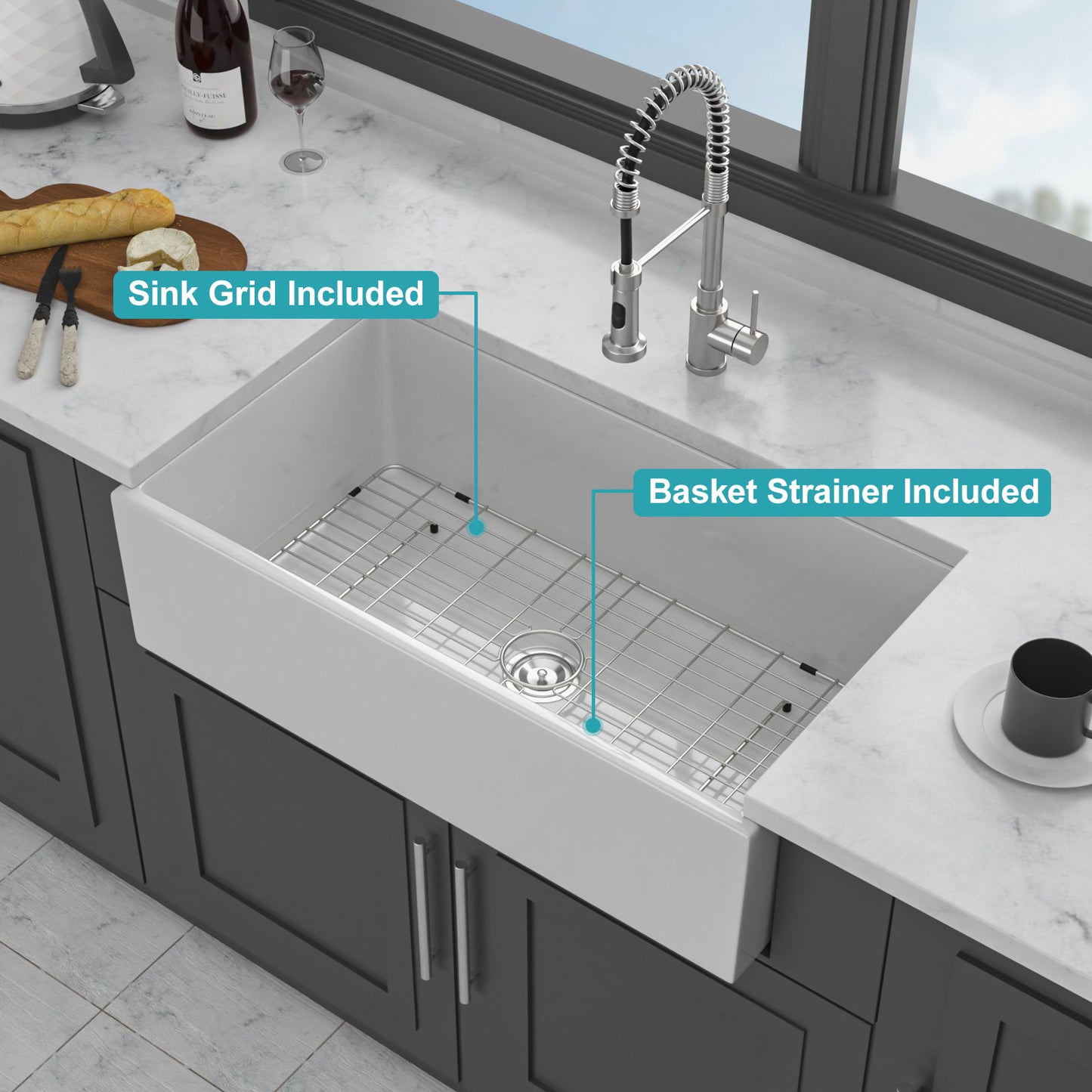 Farmhouse Sink, Apron-Front Porcelain Ceramic Single Bowl