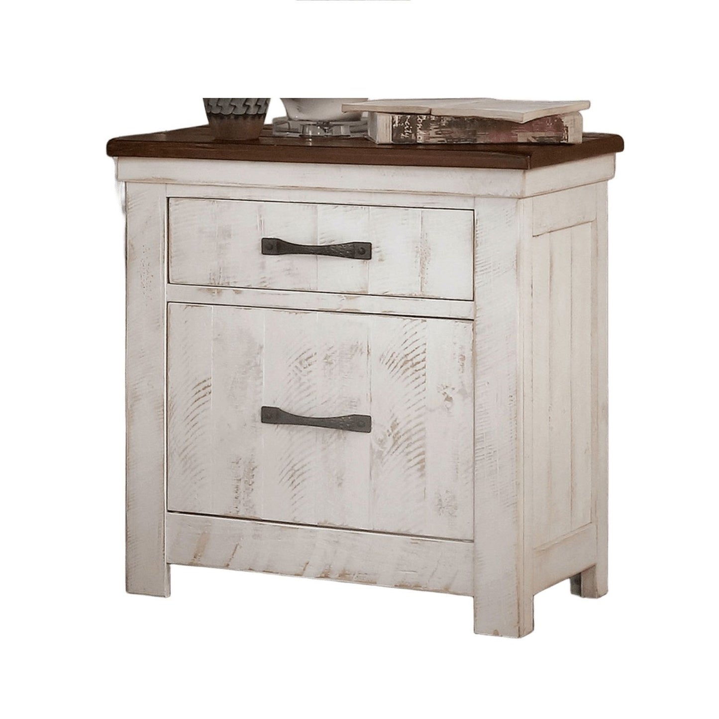 2 Drawer Nightstand With Brass Arch Pulls, Bedroom Furniture - Brown / Distressed White / Walnut