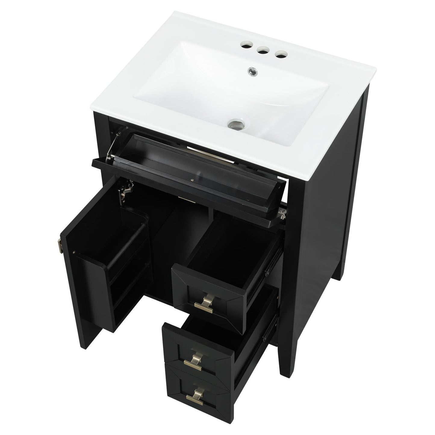 Bathroom Vanity With Sink, 3 Drawers & Cabinet With 2 Tier Door Storage Rack, Soft Close Doors & Drawers