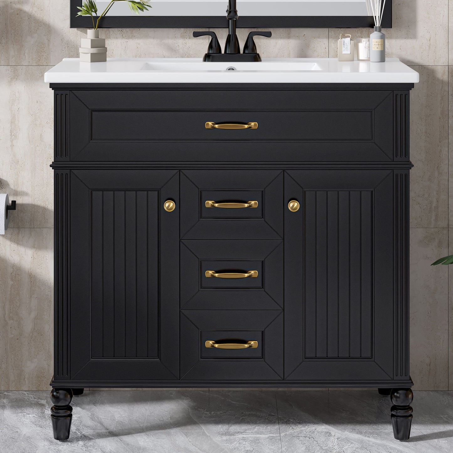 Bathroom Vanity With Sink, Flip-Out Top Drawer, Soft Close Doors, 2 Storage Drawers