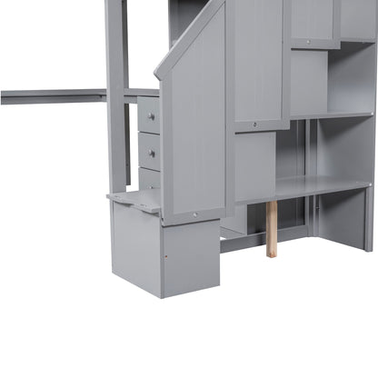 Loft Bed With L Shaped Desk, Drawers, Cabinet, And Storage Staircase