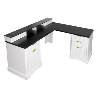 Fluted L-Shaped Desk With Charging Station & Storage Cabinet