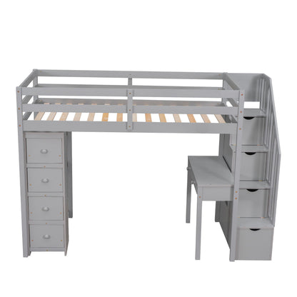 Loft Bed With Storage Drawers, Desk And Stairs With Shelves