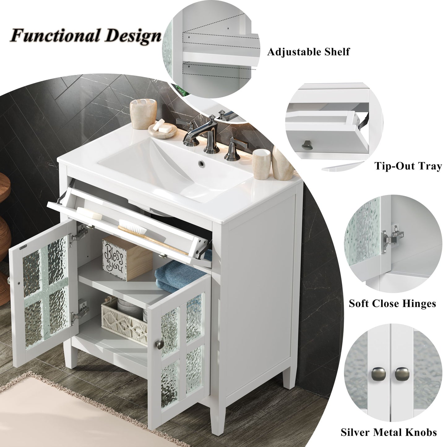 Bathroom Vanity With Ceramic Sink, Adjustable Shelf & Tip Out Tray