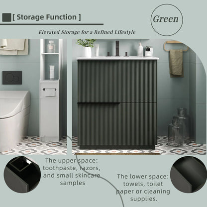 Fluted Bathroom Vanity With Ceramic Sink, Soft Close Slides
