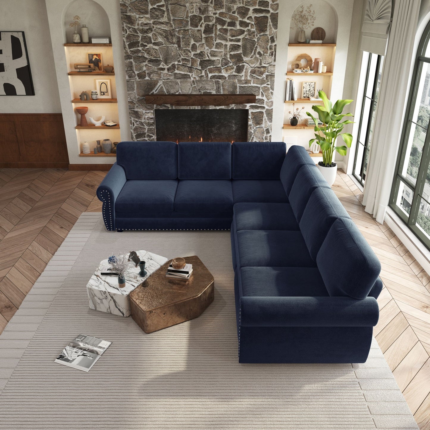 L-Shaped Sofa Couch With Pull Out Bed With Nailhead Trim & Rolled Arm
