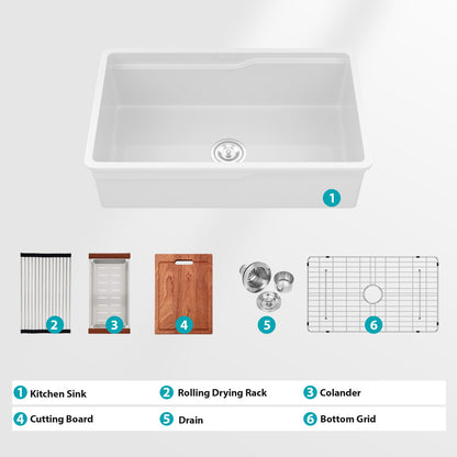 Undermount Workstation Single Bowl Porcelain Ceramic Kitchen Sink