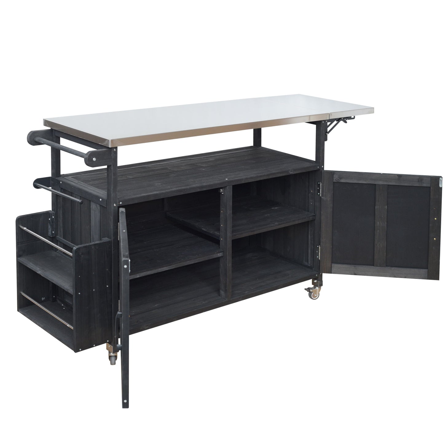 Foldable Outdoor Kitchen Island With Lockable Wheels, Storage Cabinet And Towel Rack For Patio