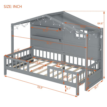 House Bed With Shelves, Window And Sparkling Light Strip On The Roof