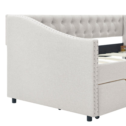 Upholstered Tufted Daybed With 2 Drawers, Waved Arms