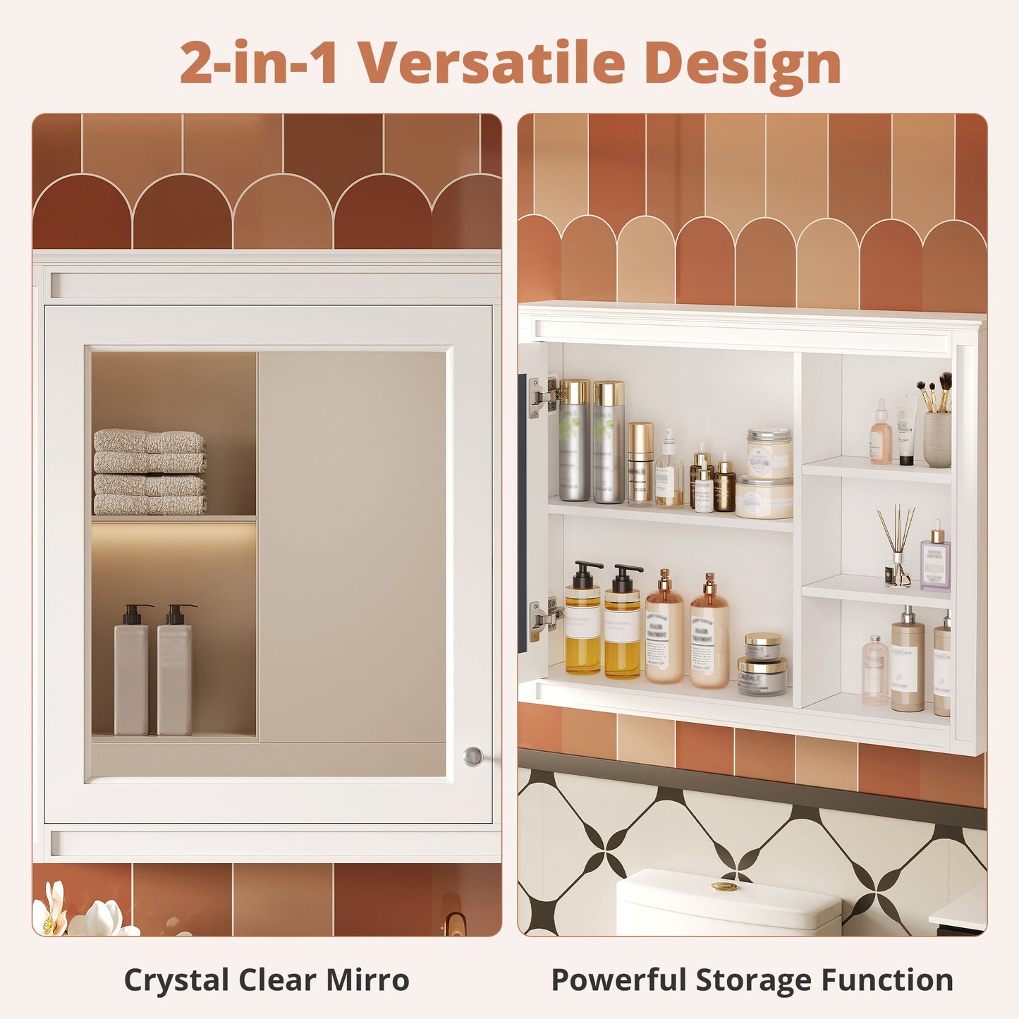 Wall Mounted Medicine Cabinet With Mirror, Adjustable Shelf - White
