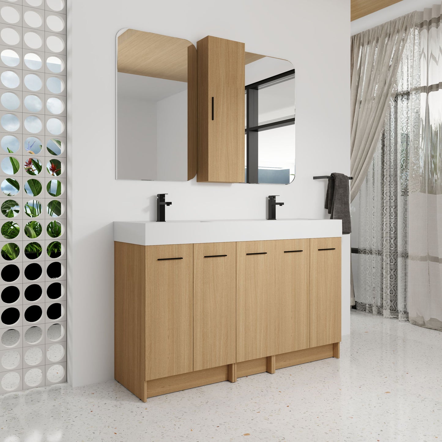 Double Sink Bathroom Vanity Set With Tall Linen Cabinet, Extra Large Storage, Integrated Sink, Freestanding Cabinet - Light Oak / White