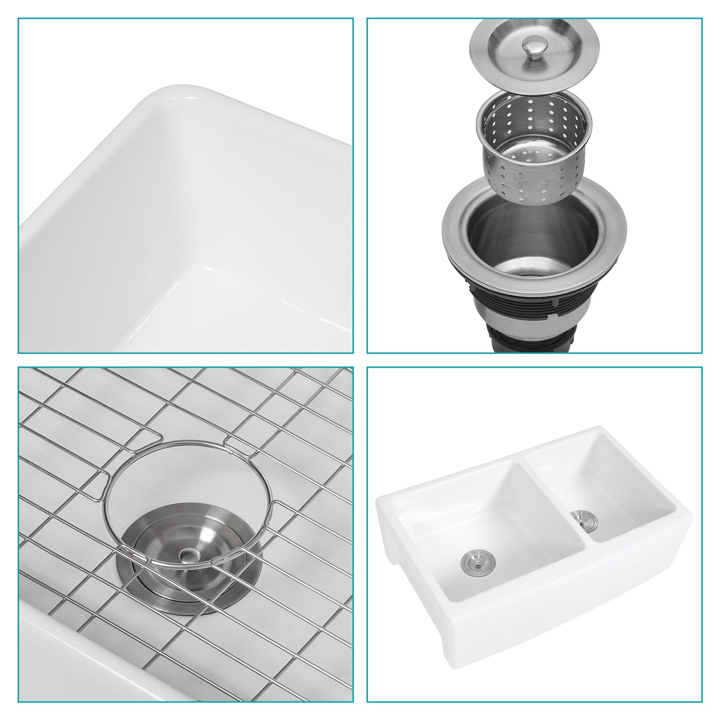Sink 33" Double Bowl 60 / 40 Kitchen Sink With Deep Basin And Grids - White