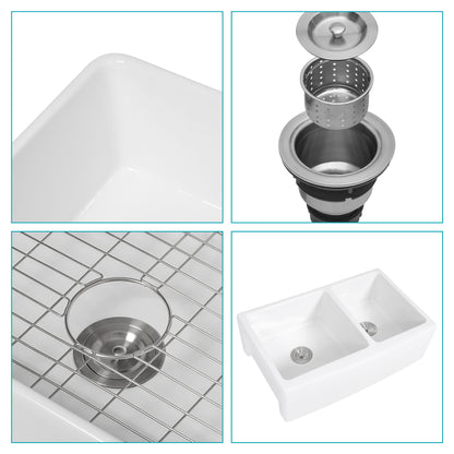 Sink 33" Double Bowl 60 / 40 Kitchen Sink With Deep Basin And Grids - White