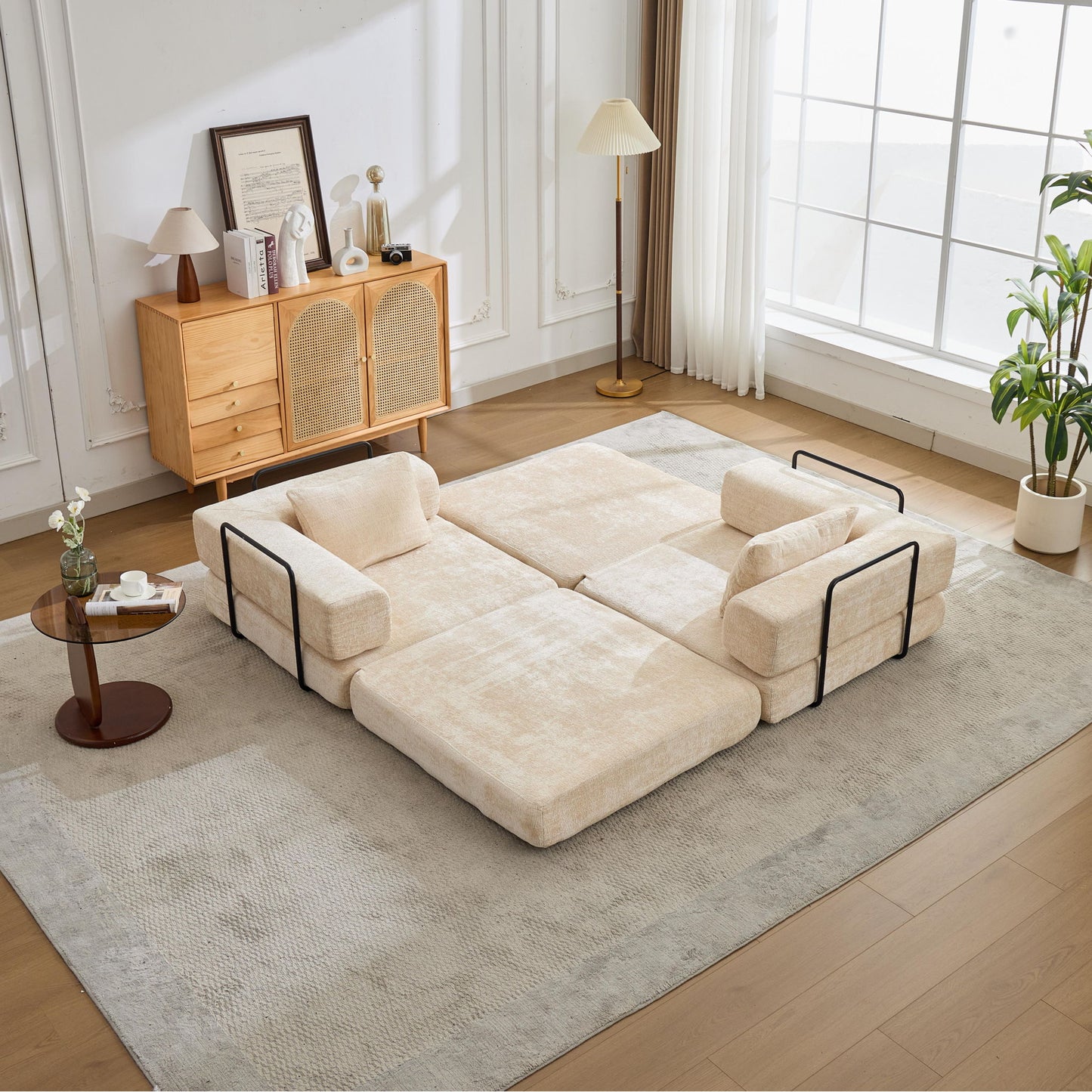 Convertible Floor Sofa Bed With Pillow Back Support Armrest