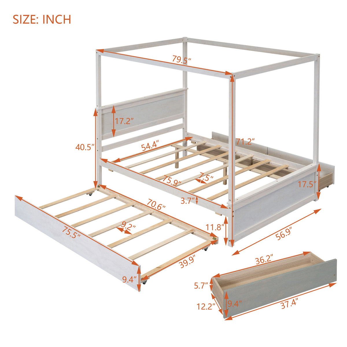 Canopy Platform Bed With Drawers, Support Slats, No Box Spring Needed