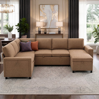 U - Shaped Convertible Sectional Sofa Bed With Storage, USB Charger & Cup Holders