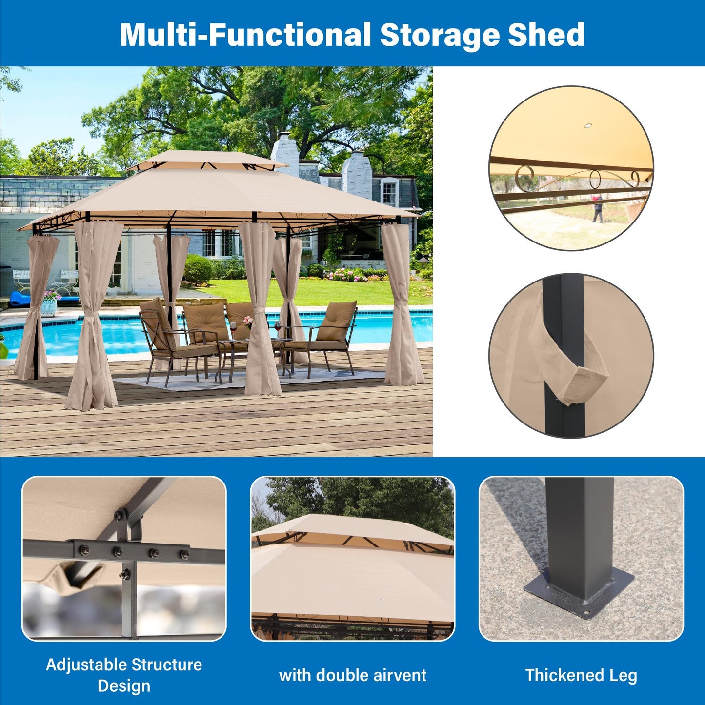 Outdoor Patio Gazebo Tent With Ventilated Double Roof And Sidewall