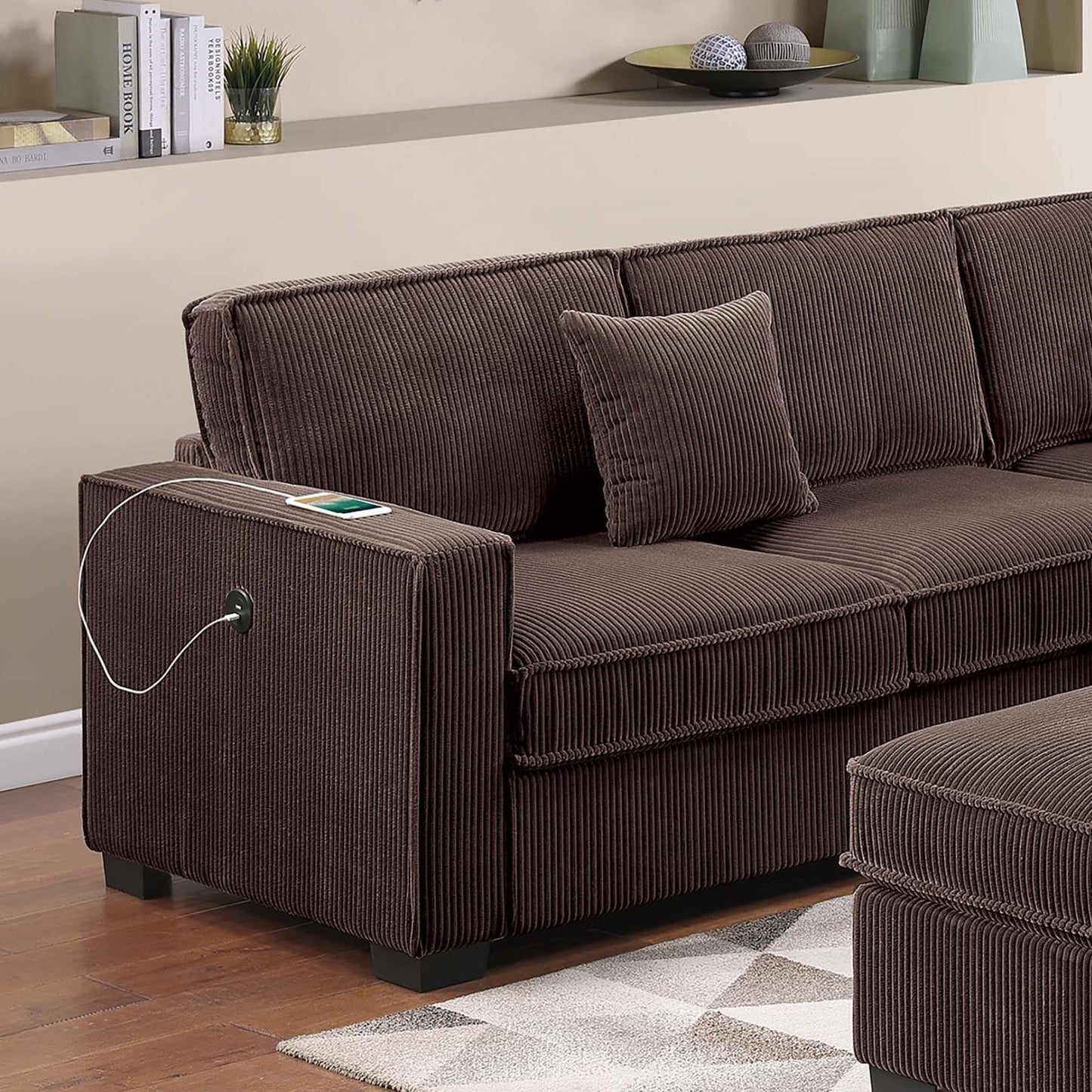 4 Piece Sectional Set With USB Ports, Left Arm Facing / Right Arm Facing Loveseat, Corner Wedge, Cocktail Ottoman, 2 Pillows - Chocolate
