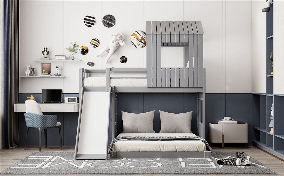 Loft Bunk Bed With Playhouse, Farmhouse, Ladder, Slide And Guardrails