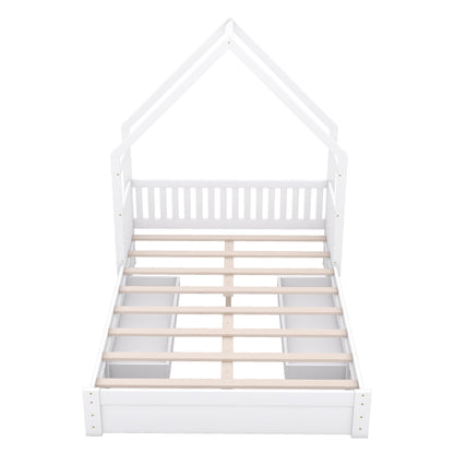 House Style Platform Bed With Guardrail And 2 Drawers