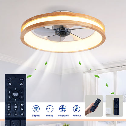 Ceiling Fans With LED Light Source And Remote Control, 3000 - 6500K Dimmable, 6 Speeds, Quiet DC Motor For Living Room - Natural Wood / White