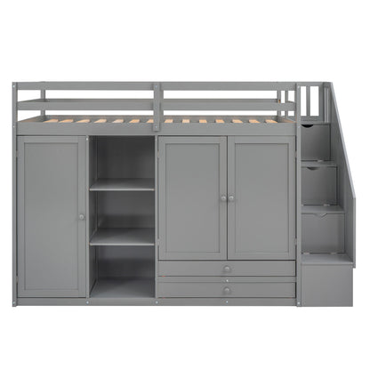 Loft Bed With 3 Shelves, 2 Wardrobes, 2 Drawers, Ladder Storage
