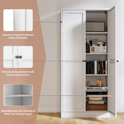 Metal Kitchen Pantry Cabinet With Adjustable Storage And 4 Heavy Duty Shelves - White