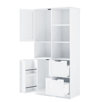 Freestanding Bathroom Storage Cabinet With Doors And Drawers, Adjustable Shelf, Open Shelves - White