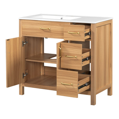 Bathroom Vanity, 2 Soft Close Doors, 3 Soft Close Drawers, Adjustable Shelf - Wood