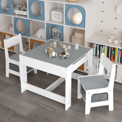 Kids Table And Chair Set, 3 In 1 Activity Table With Storage Drawer For Toddlers Drawing, Reading, Crafts, 2 In 1 Detachable Top - White