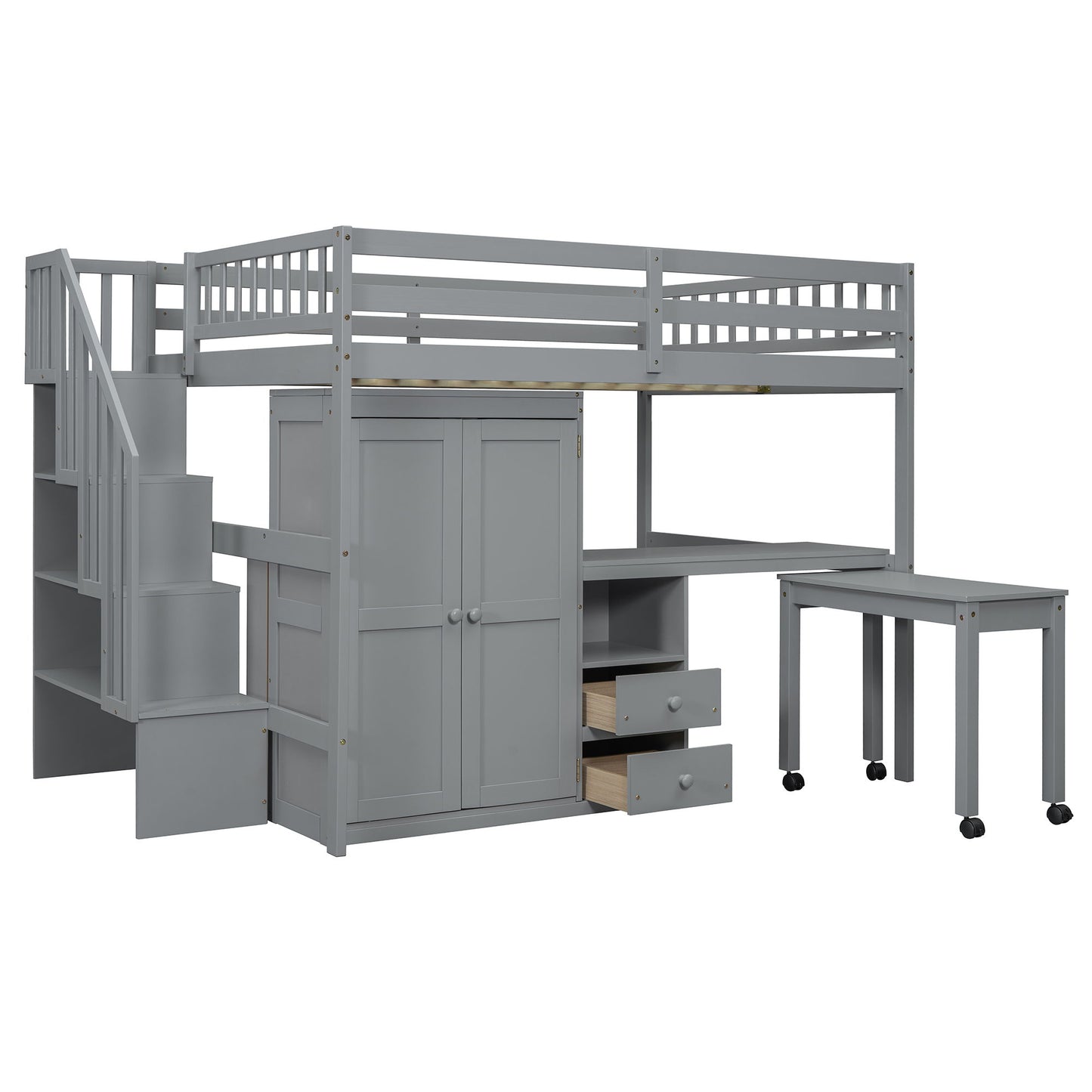 Loft Bed With Stairs, Bookshelf, Drawers, Desk & Wardrobe, Space Saving Multifunctional Furniture