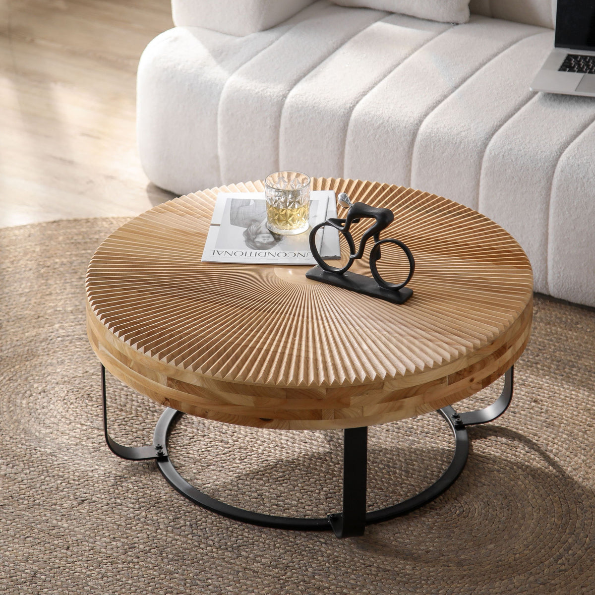 Modern Round Coffee Table With Wooden Carving Pattern