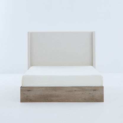 Shelton - Queen Upholstered Wingback Bed With 54" High Headboard - Ivory / Light Gray / Camel Oak