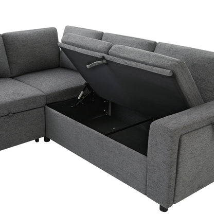 U - Shaped Convertible Sectional Sofa Bed With Storage, USB Charger & Cup Holders