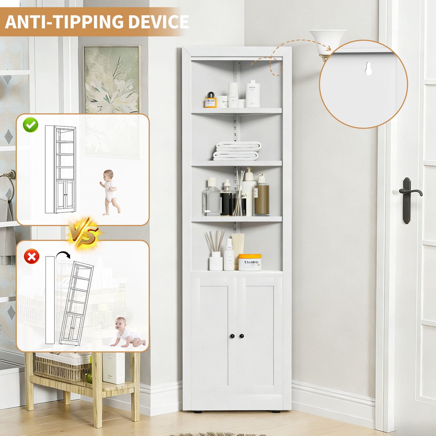 Tall Corner Storage Cabinet With 2 Doors, 5-Tier With Adjustable Shelves, Freestanding - White
