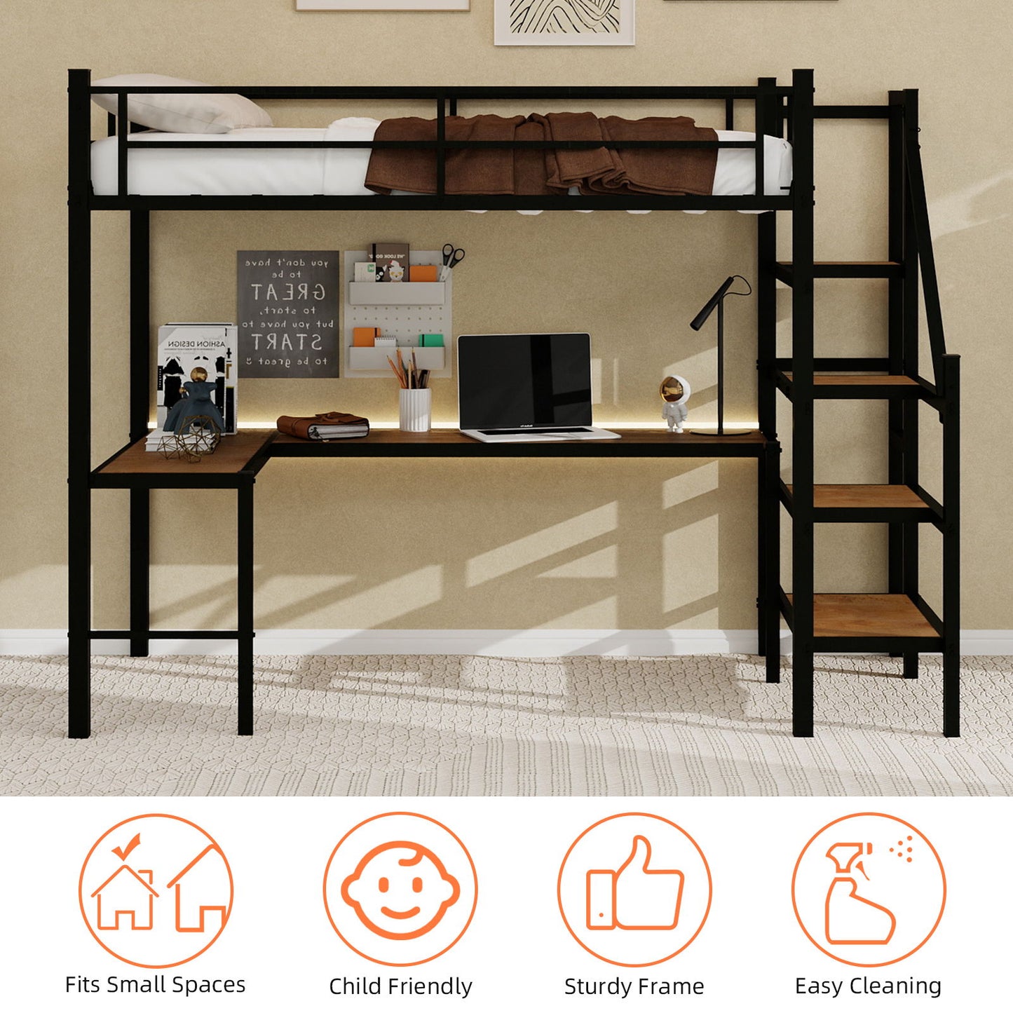 Loft Bed With L-Shaped Desk, Large Storage Space