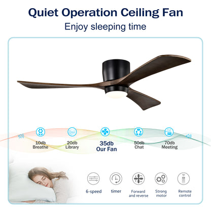 Flush Mount Blades Ceiling Fan With Lights Remote Control, Quiet DC Motor, 6 Speed, Reversible Ceiling Fan For Living Room - Matte Black