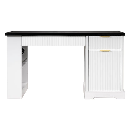 Modern Fluted Office Desk With Storage Cabinet