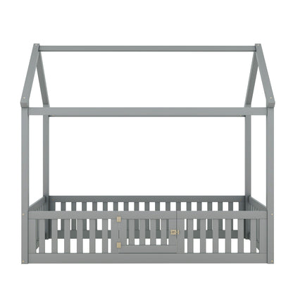 Wood House Bed With Fence And Door
