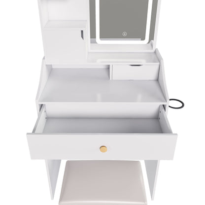 3 Color LED Vanity Mirror With Stool, Dressing Table For Bedroom, 2 Drawers & 5 Storage Cabinets (4 Open + 1 Hidden), Adjustable Lighting - White