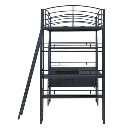 Loft Bed With 4 Layers Of Shelves And L-Shaped Desk, Stylish Metal Frame Bed With A Set Of Sockets, USB Ports And And Wireless Charging