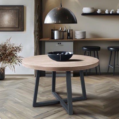 Round Dining Table With Wire Brushed Mindi Top And Mahogany Base - Wheat