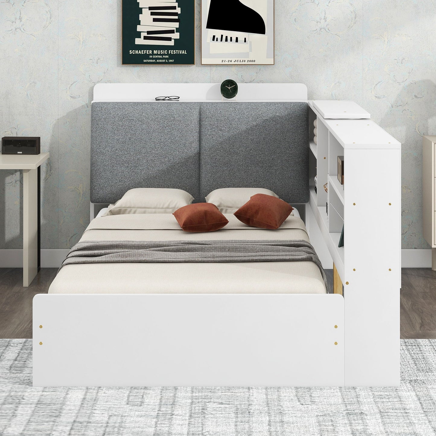 Platform Bed With Storage Headboard, Shelves And 2 Drawers