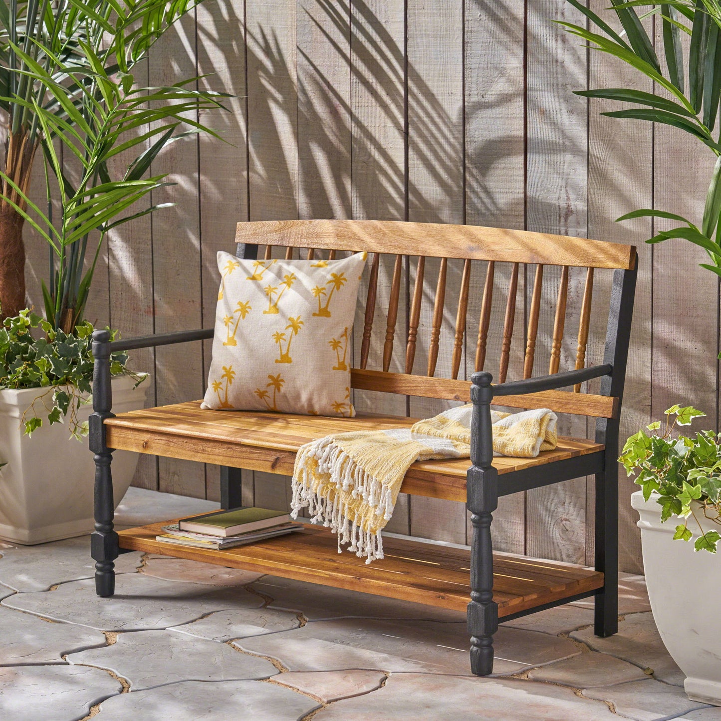 Slatted Bench With Built In Shelf