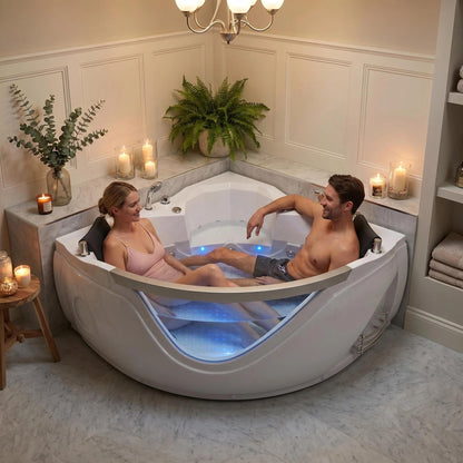 Xavier - Double Corner Massage Bathtub, Equipped With Gfci Plug And Ul Certified Water Pump, Upc Certified Drain - Milk White