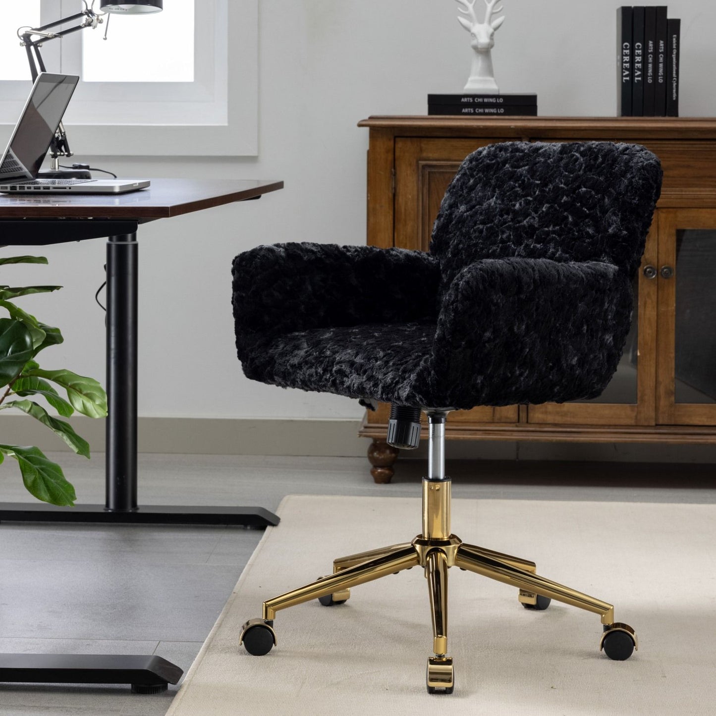 Office Chair, Artificial Rabbit Hair Home Office Chair With Metal Base, Adjustable Desk Chair Swivel Office Chair, Vanity Chair