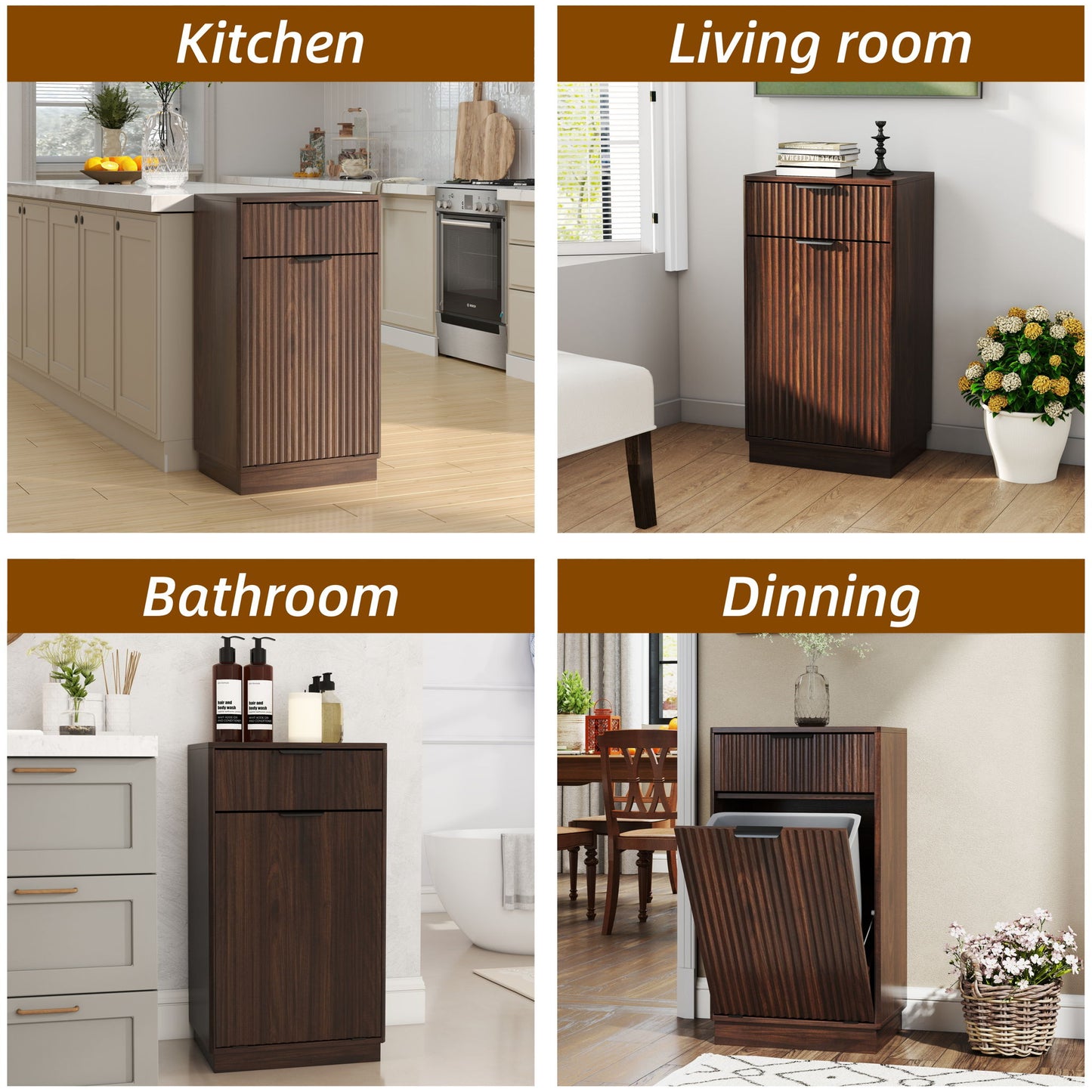 Tilt Out Trash Can Cabinet With Wave Textured Drawer & Pull Out Bin